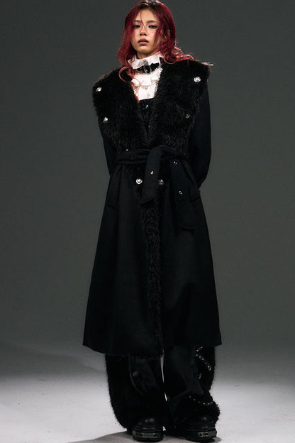 Large Fur Collar Loose Lace-Up Oversized Long Woolen Coat
