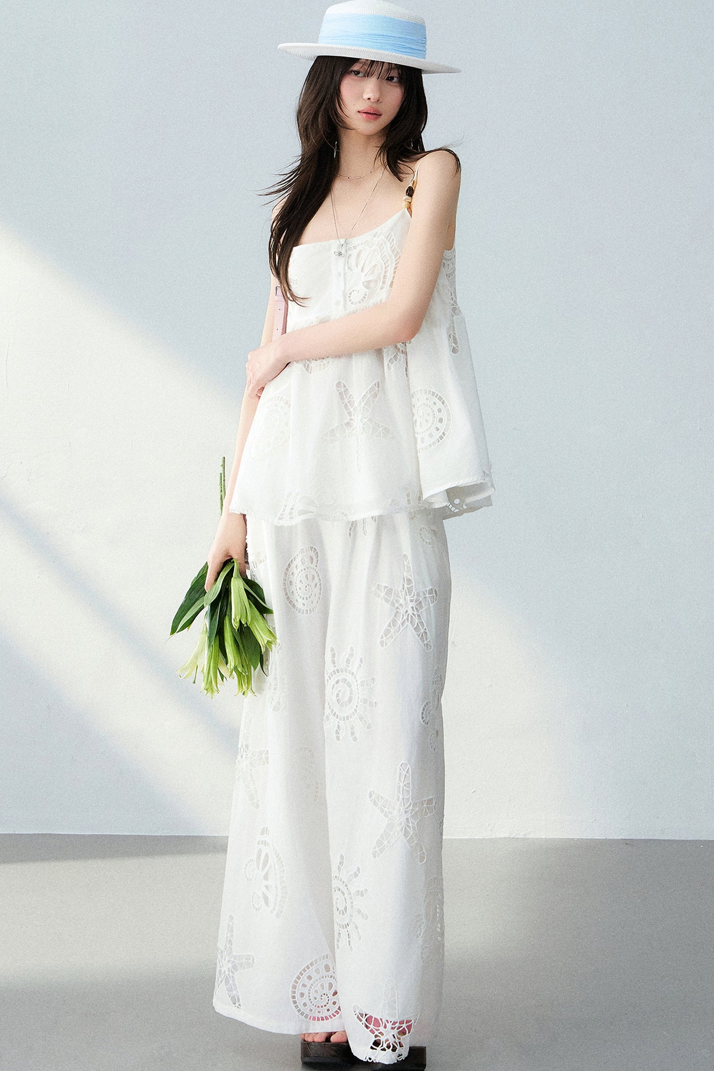 Ocean Hollow Beaded Camisole and Pants Set-Up
