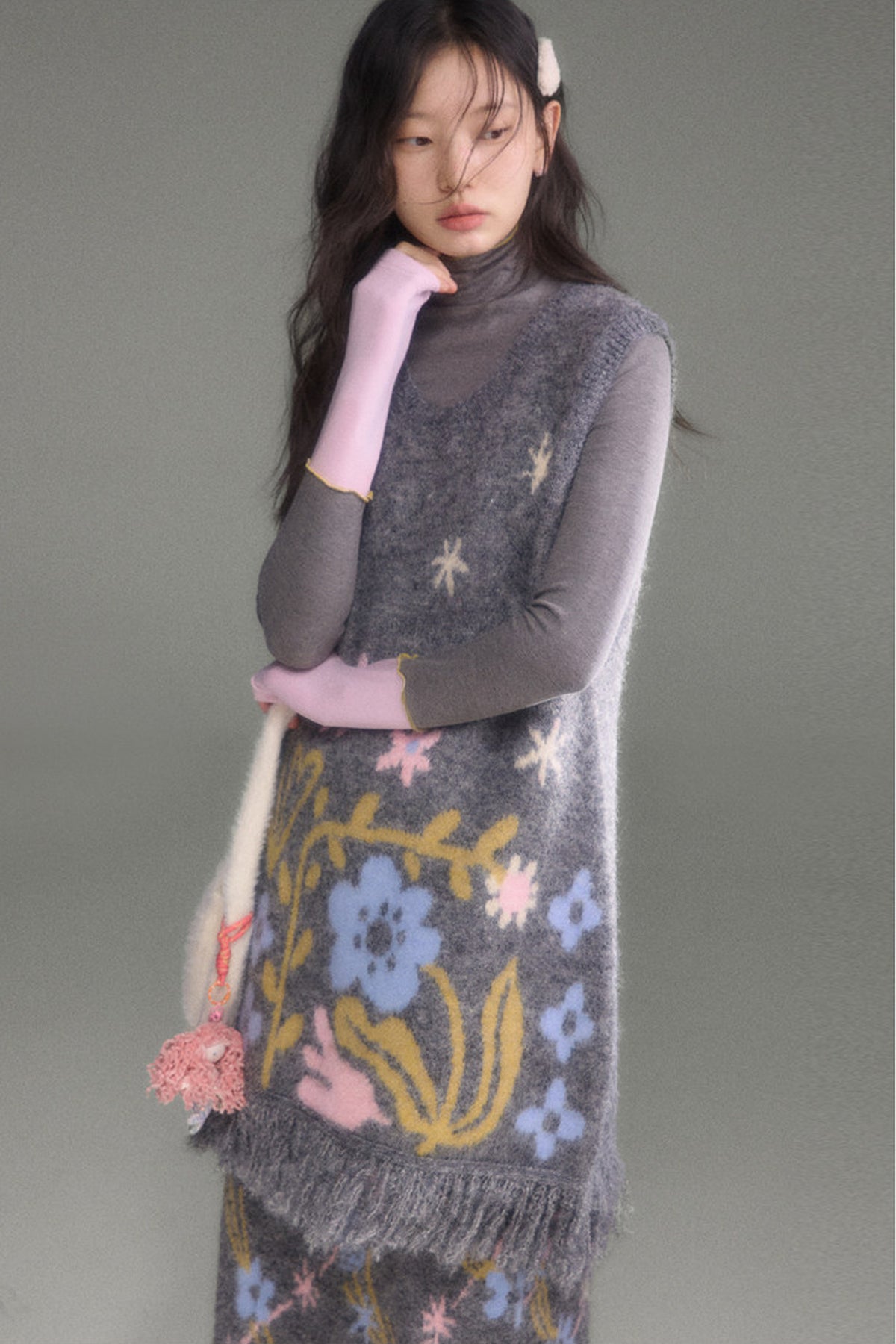 Ear-Shaped Wool-Blend Bird and Flower Jacquard Dress Set-Up