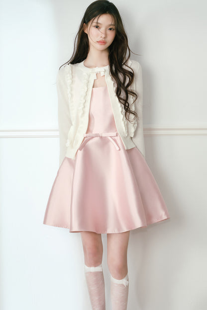 White Lace Trim Short Knit Vest Cardigan