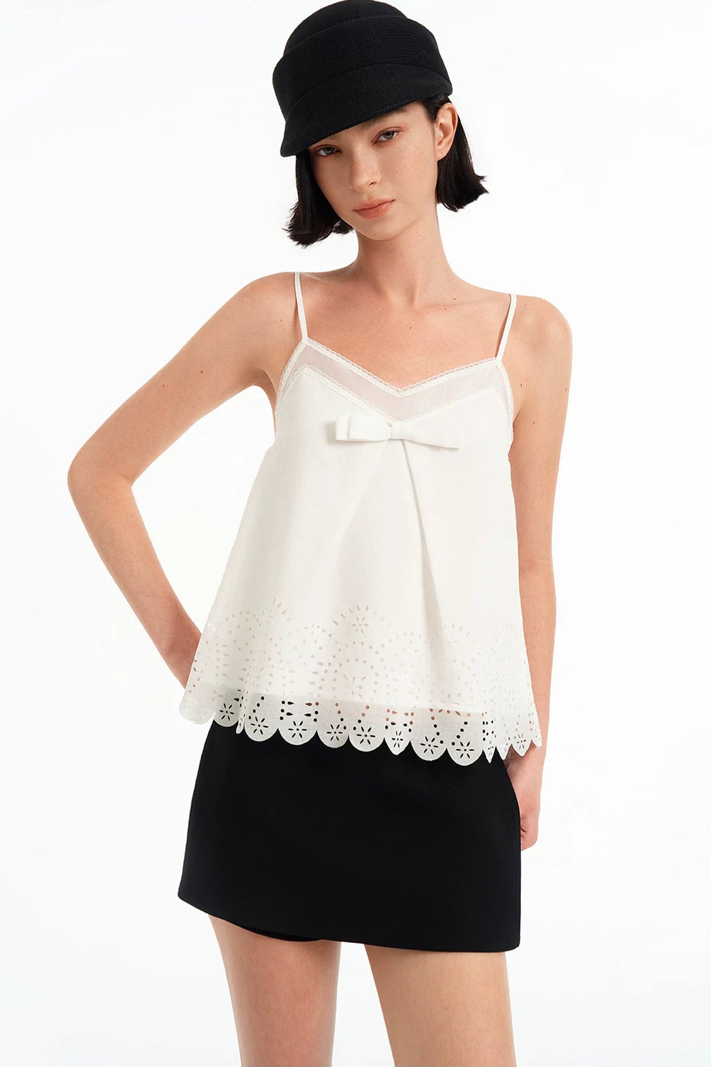 Hollow-Out V-Neck Bowknot Lace Camisole