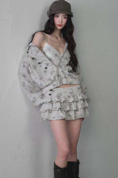 Floral Hooded Sweatshirt Camisole Ruffled Tiered Skirt Set-Up