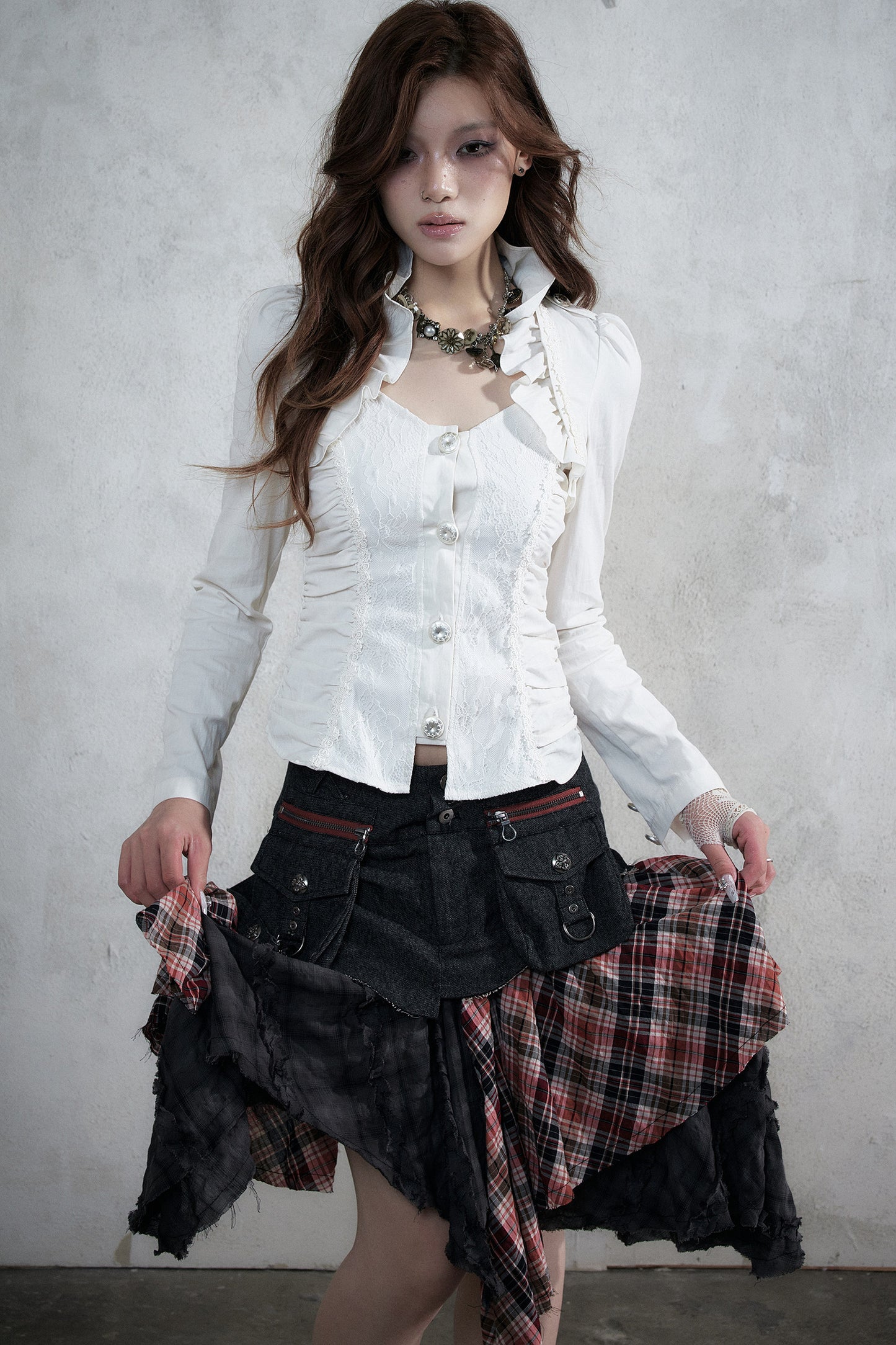 Lace Patchwork Ruched Layered-Look Shirt