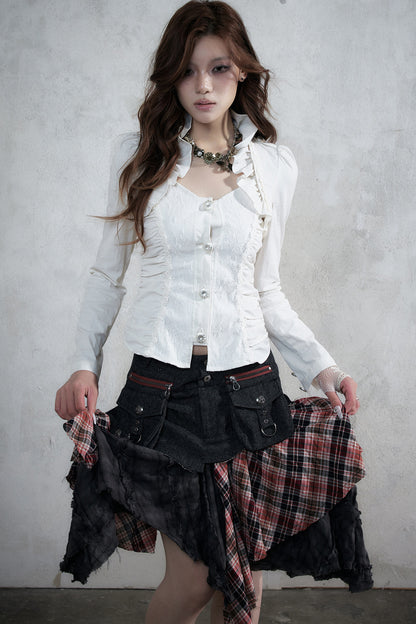 Lace Patchwork Ruched Layered-Look Shirt