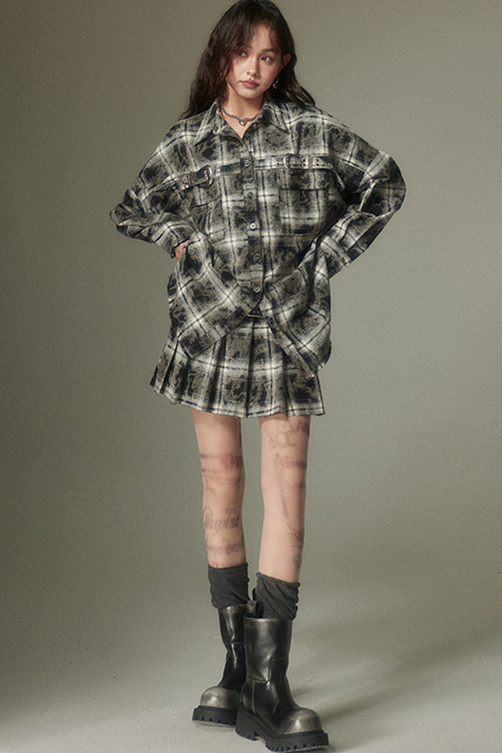 Plaid Shirt and Pleated Skirt Set-Up