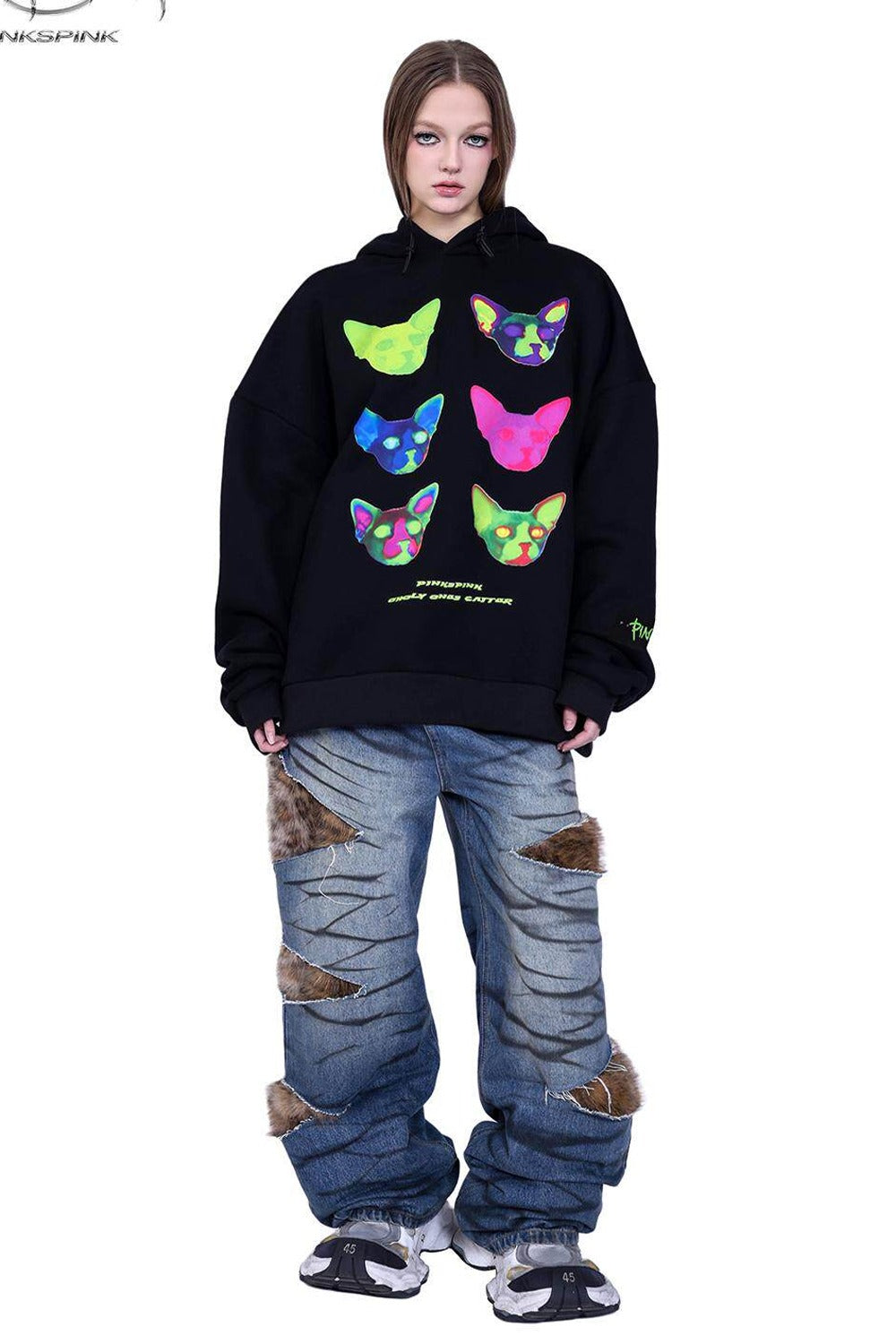 Leopard Fur Patched Loose Denim Jeans