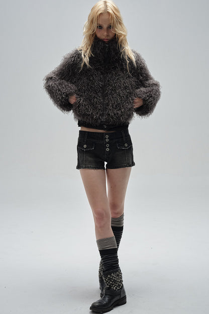 Dark Gray Faux Fur Zipper Jacket