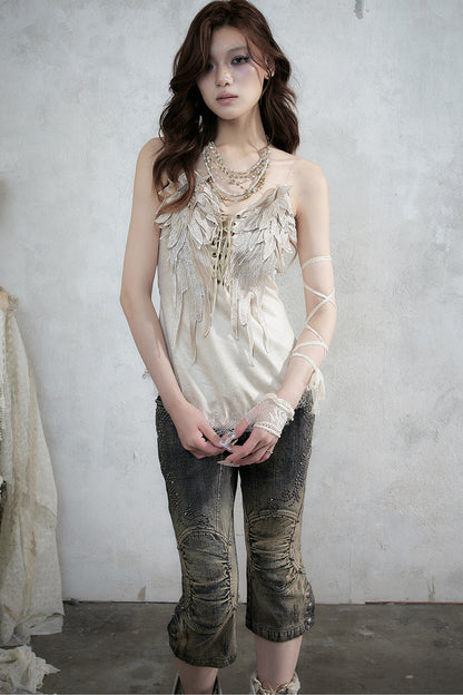 Retro Suede Embroidered Bustier Vest