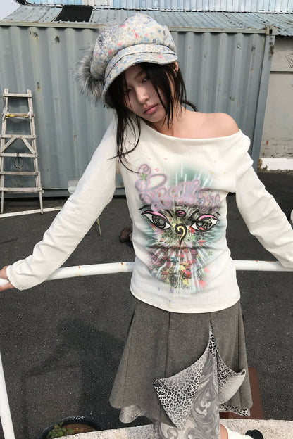 Reversible Swing Collar Long-Sleeve Printed T-Shirt