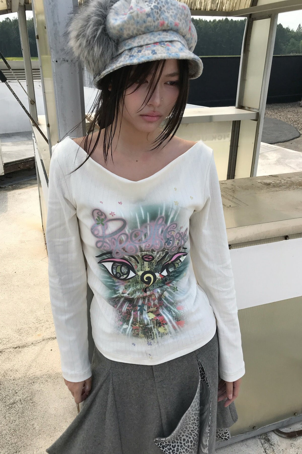 Reversible Swing Collar Long-Sleeve Printed T-Shirt