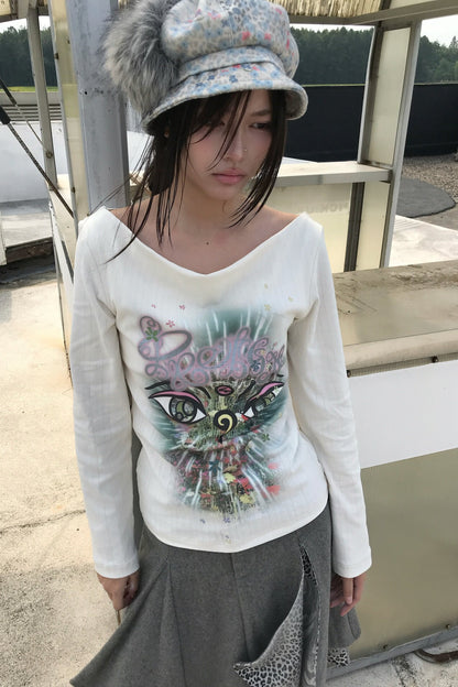 Reversible Swing Collar Long-Sleeve Printed T-Shirt