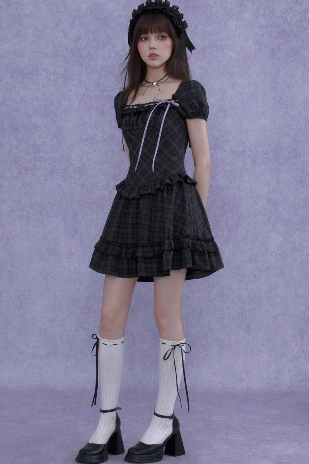 Rose Plaid Lolita Square Neck Dress