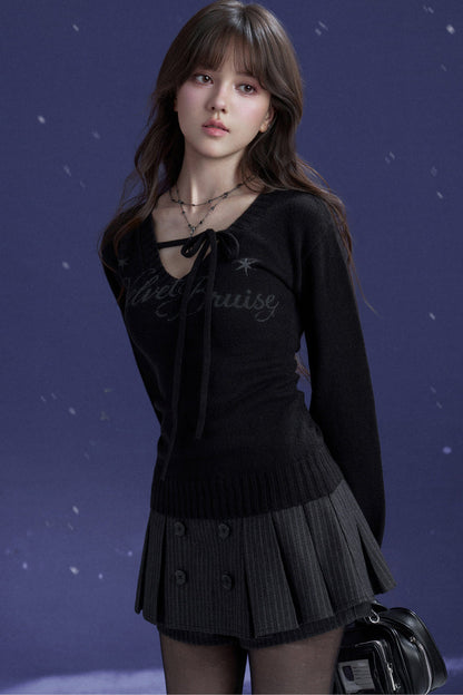 Schwarz-violetter Pullover mit V-Ausschnitt und Bindeband