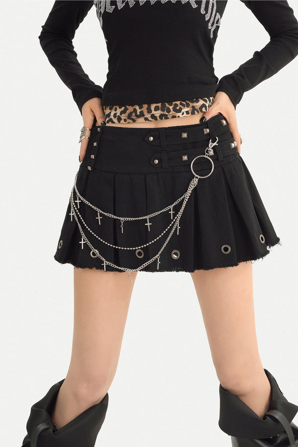 Black Pleated Metal Chain Rivet Skirt
