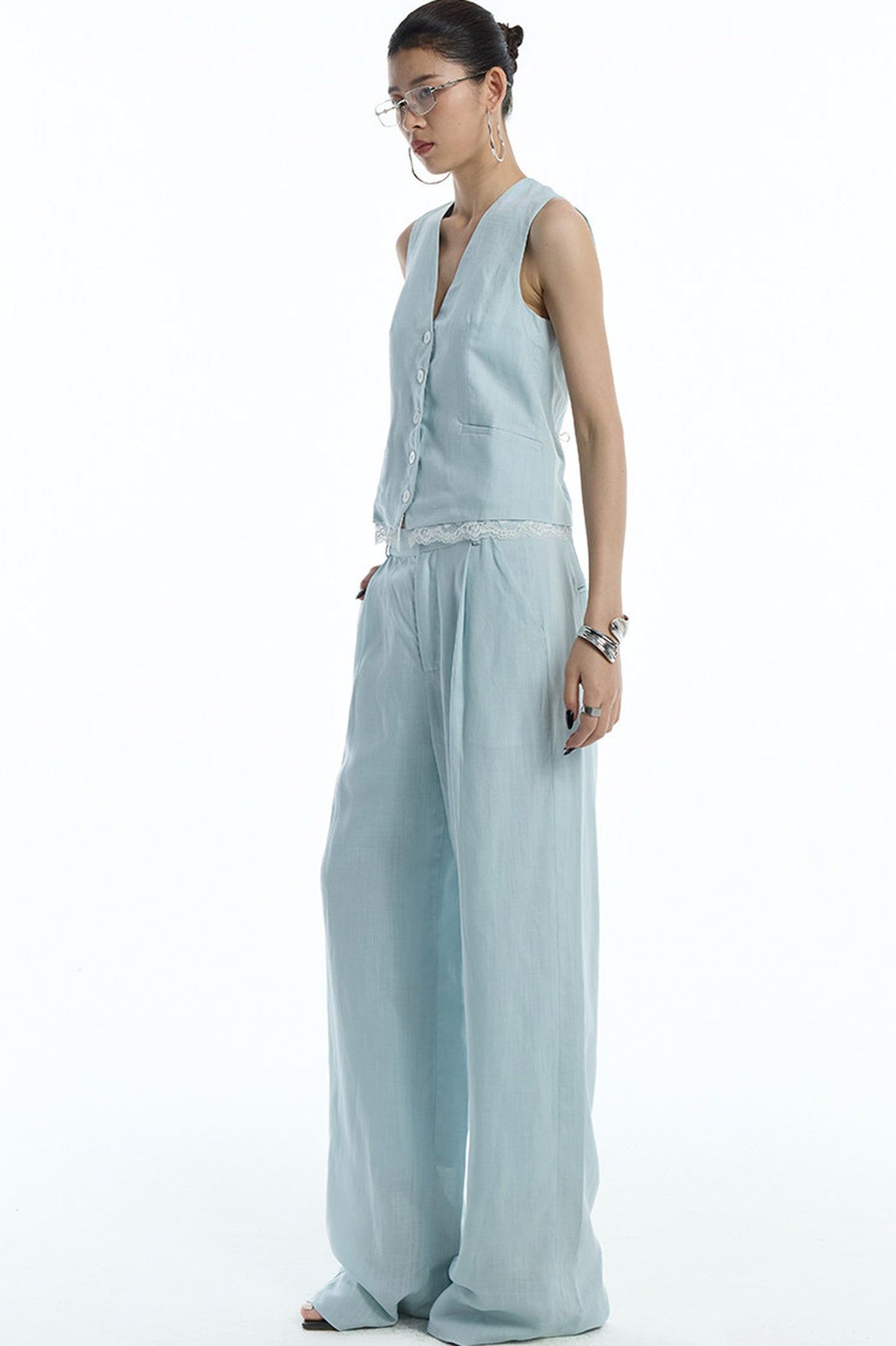 Mint Green Lyocell Cotton Linen Lace Vest and Pants Set-Up