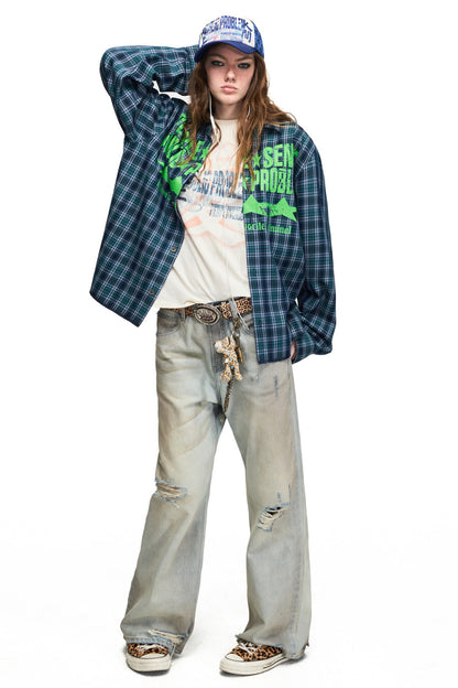 Distressed Straight-Leg Long Pants