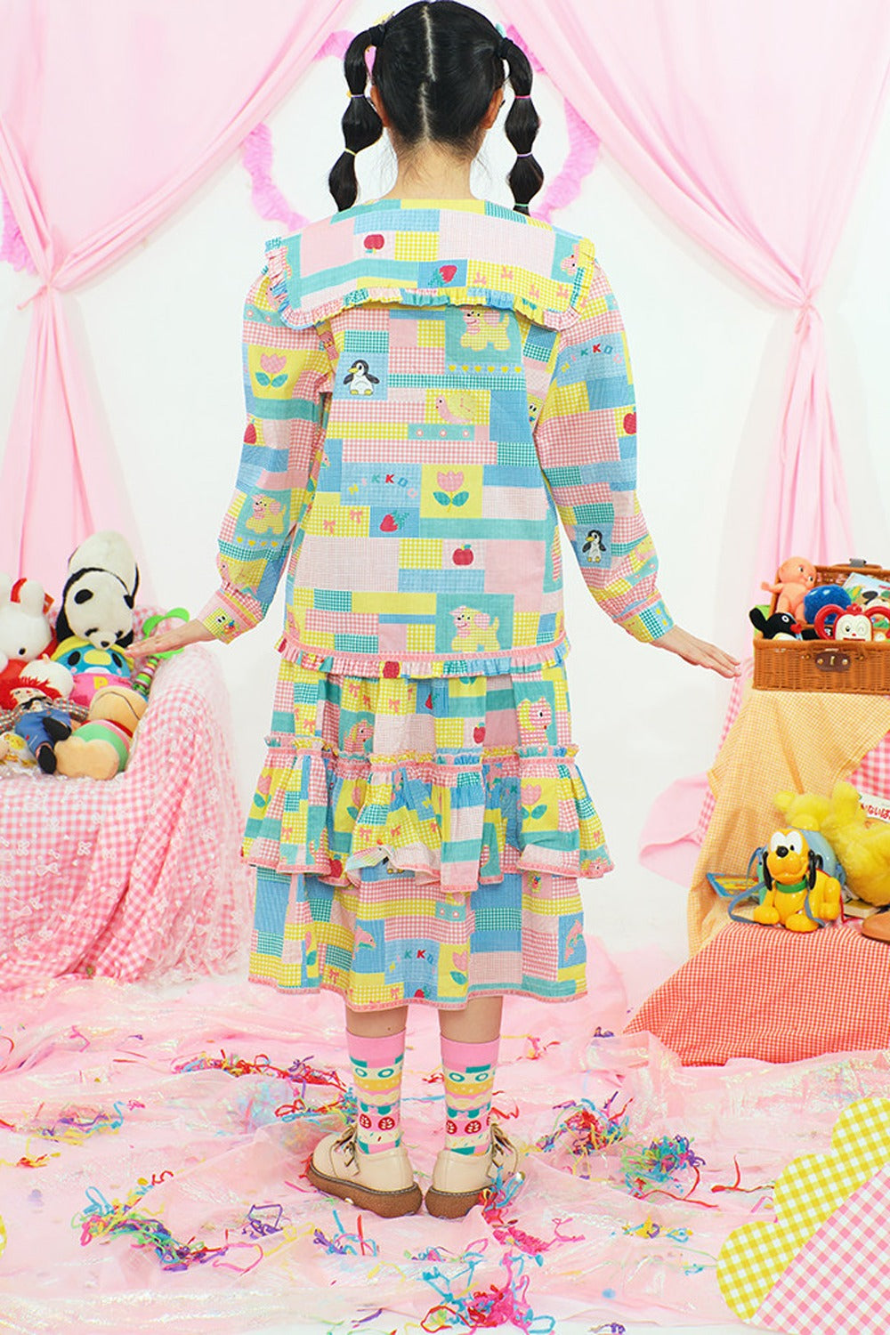 Patchwork Print Doll Collar Shirt