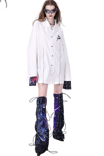 White Patchwork Zipper Slit Windbreaker