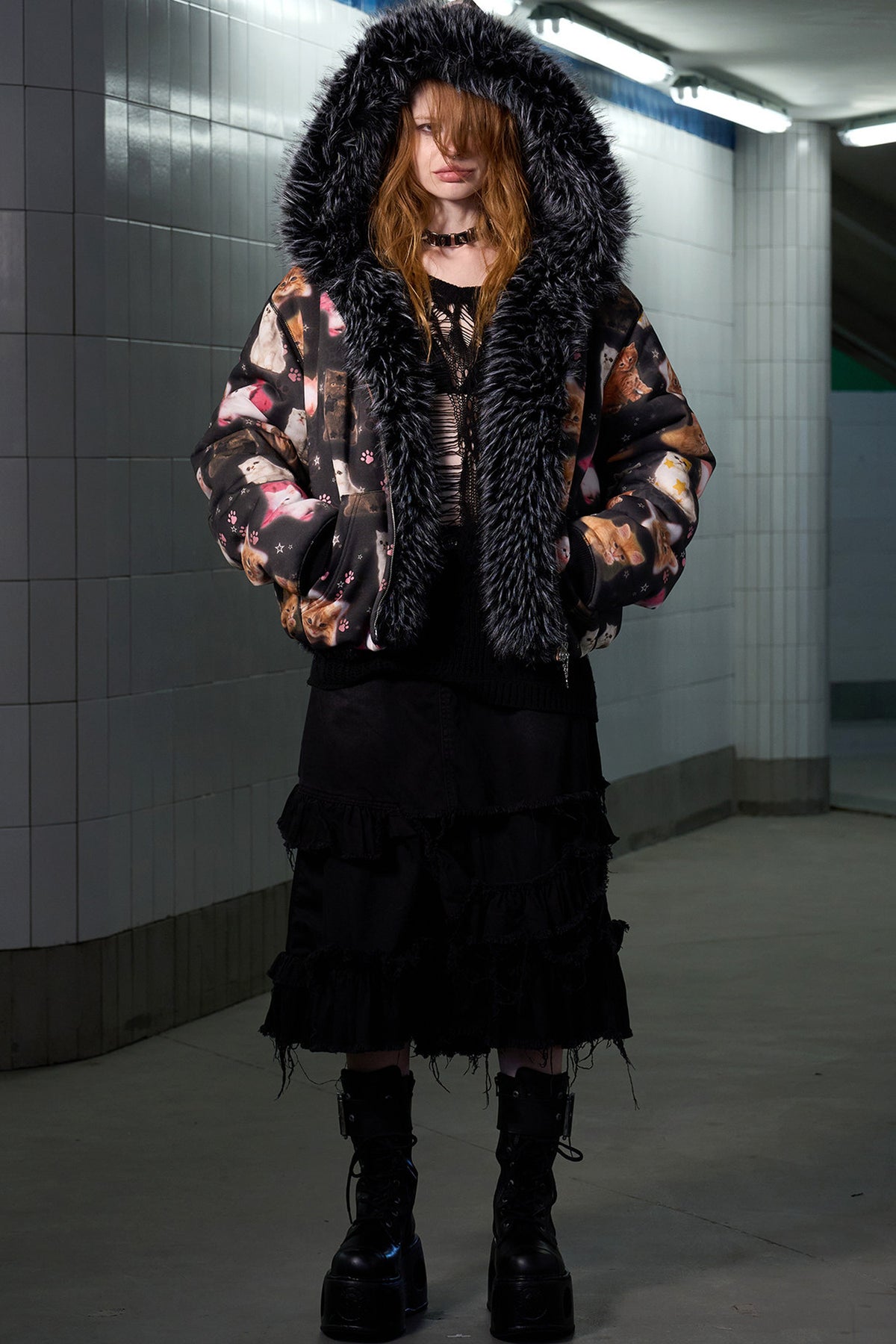 Cat Print Reversible Fur Coat