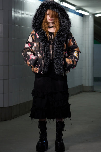 Cat Print Reversible Fur Coat