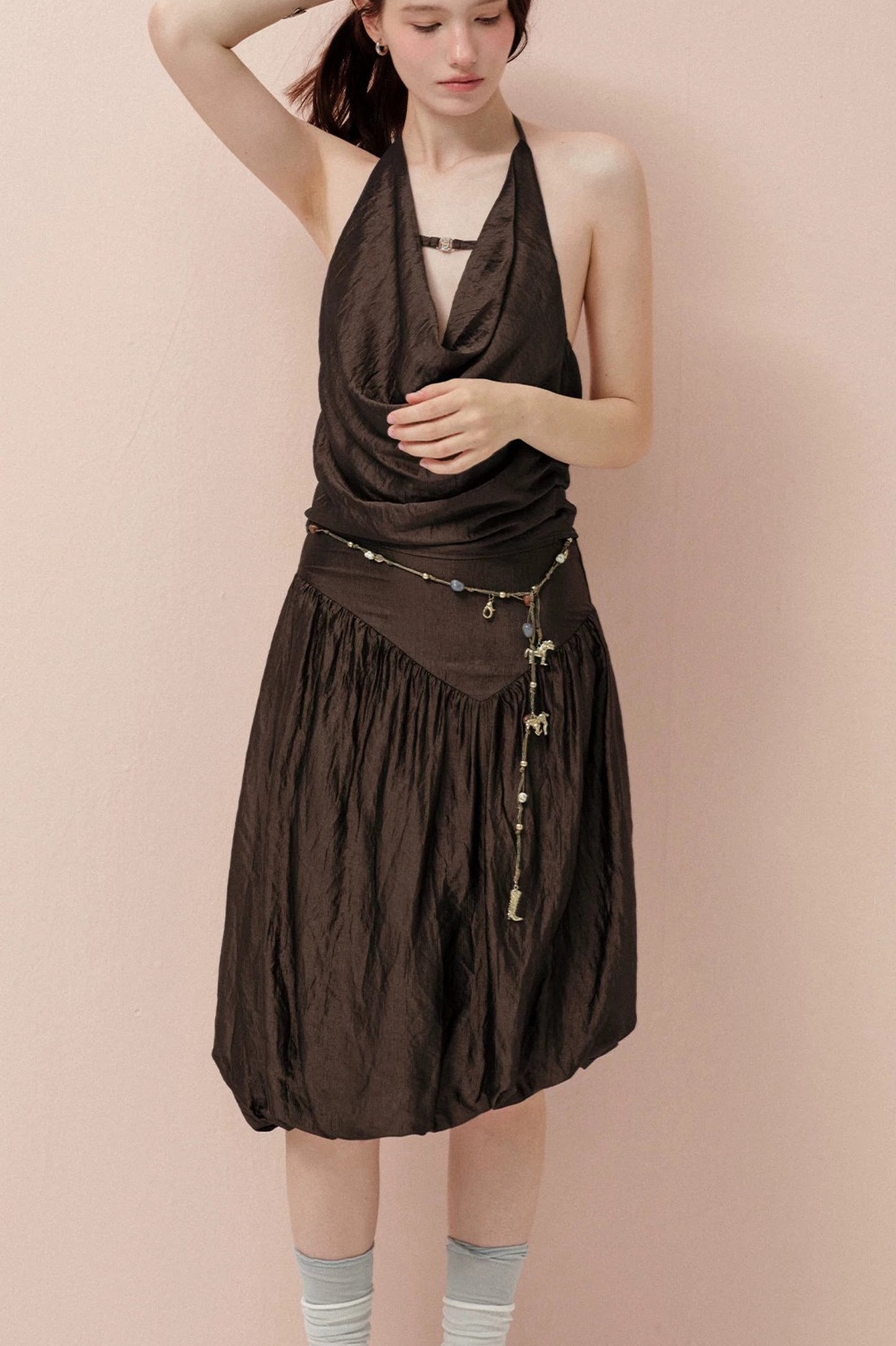 Brown Cowl Neck Camisole and Irregular Skirt Set