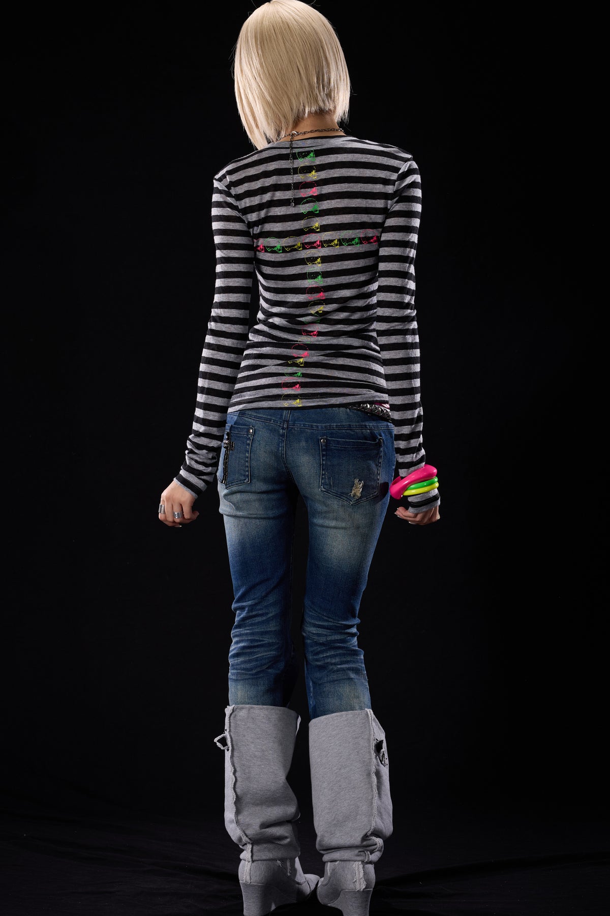 Skull Print Striped Long-Sleeve T-Shirt