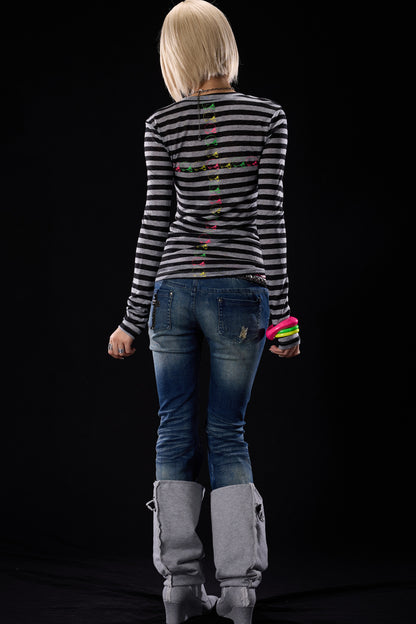 Skull Print Striped Long-Sleeve T-Shirt