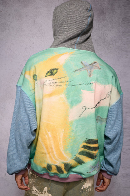 Cat Print Patchwork Sweatshirt Jacket