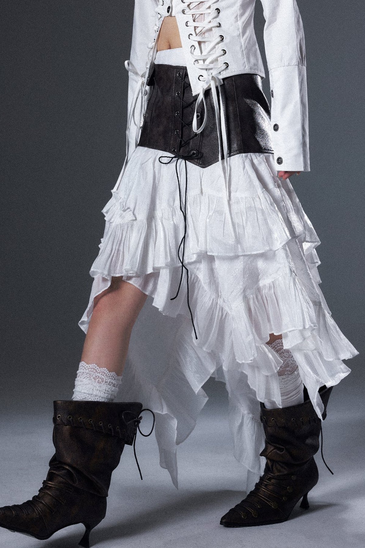 Irregular Ruffle Lace-Up Leather A-Line Skirt