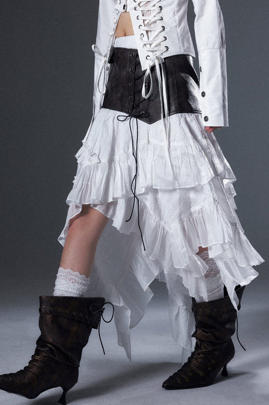 Irregular Ruffle Lace-Up Leather A-Line Skirt