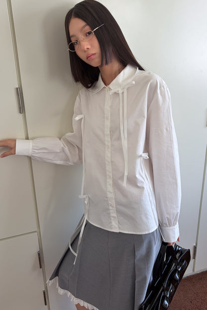 Pleated White Bow Doll Collar Shirt