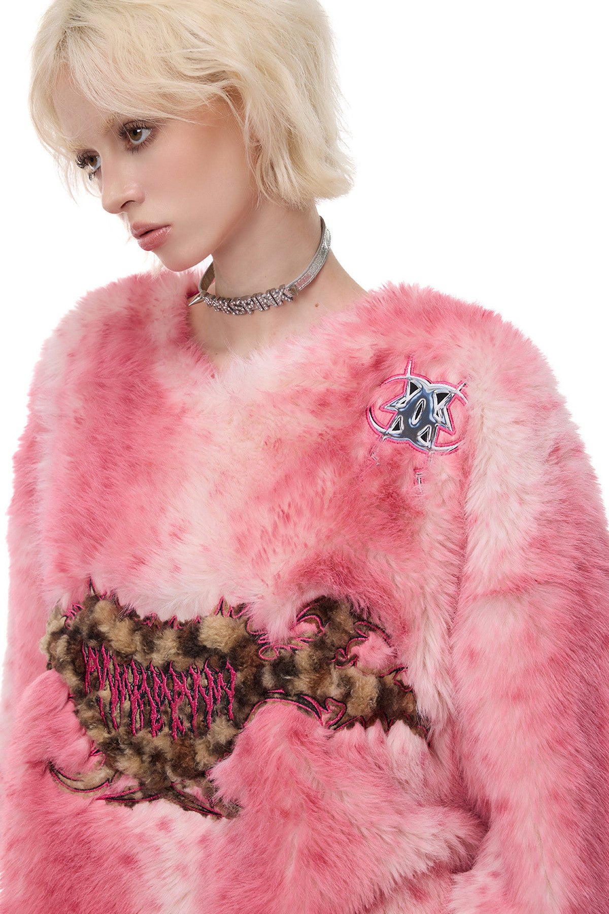 Pink Leopard Heart Embroidered Faux Fur Jacket