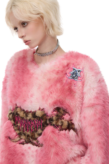 Pink Leopard Heart Embroidered Faux Fur Jacket
