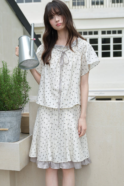 White Gray Floral Ruffle Dress