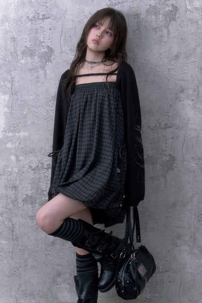 Black Gray Plaid Mid-Length Skirt Set-Up