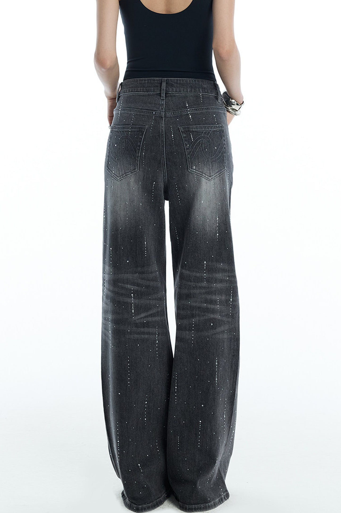 Scattered Rhinestone Wide-Leg Jeans