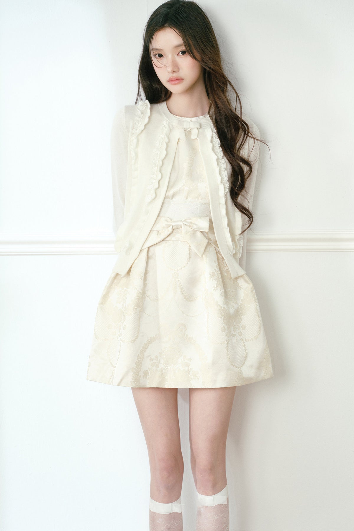 Beige Jacquard Bow Lace Waist Dress