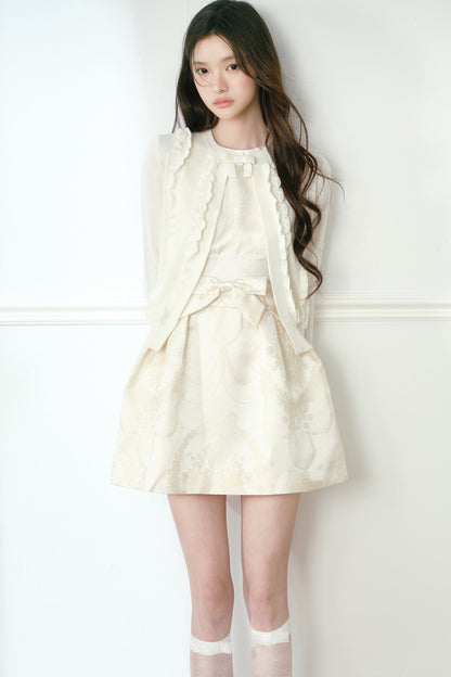 Beige Jacquard Bow Lace Waist Dress