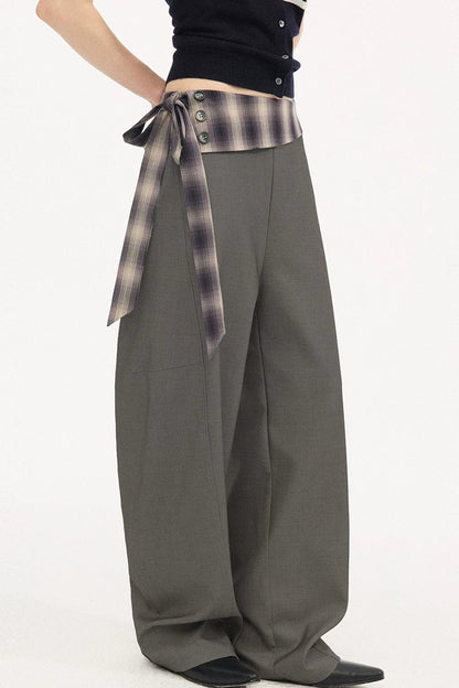 Plaid Drapey Waist-Tie Trousers