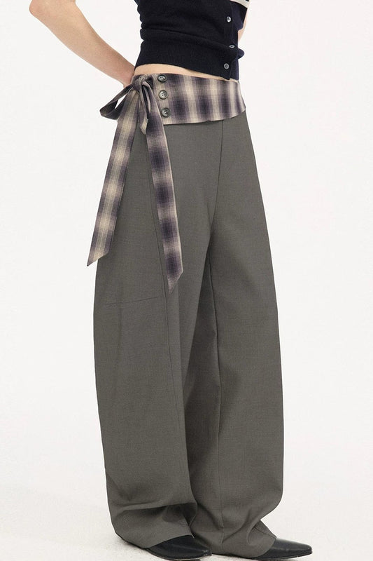 Plaid Drapey Waist-Tie Trousers