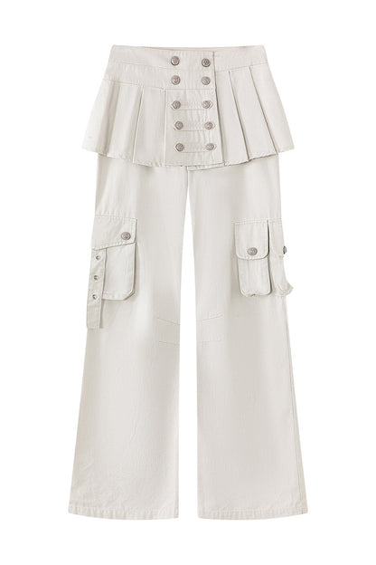 Pleated Skirt Panel Straight-Leg Flared Workwear Pants