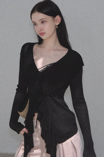 Shimmer V-Neck Long-Sleeve Cardigan Top