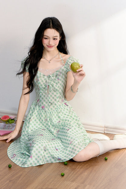 Mint Green Plaid Floral Lace Dress