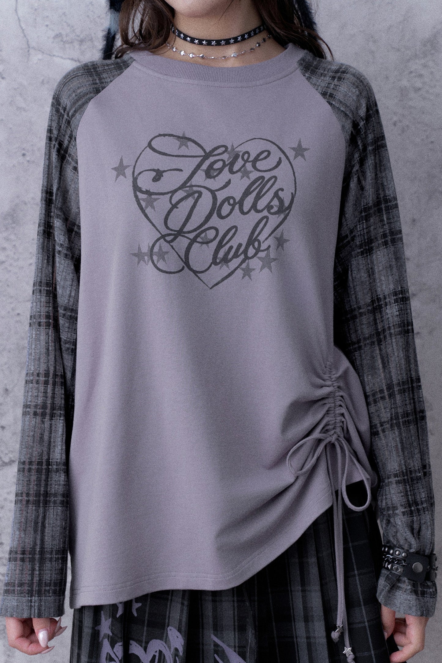 Gray-Purple Printed Raglan Drawstring T-Shirt and Skirt Set-Up