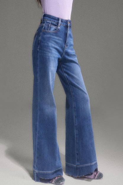 High-Waisted Fleece-Lined Flared Raw Hem Slit Jeans