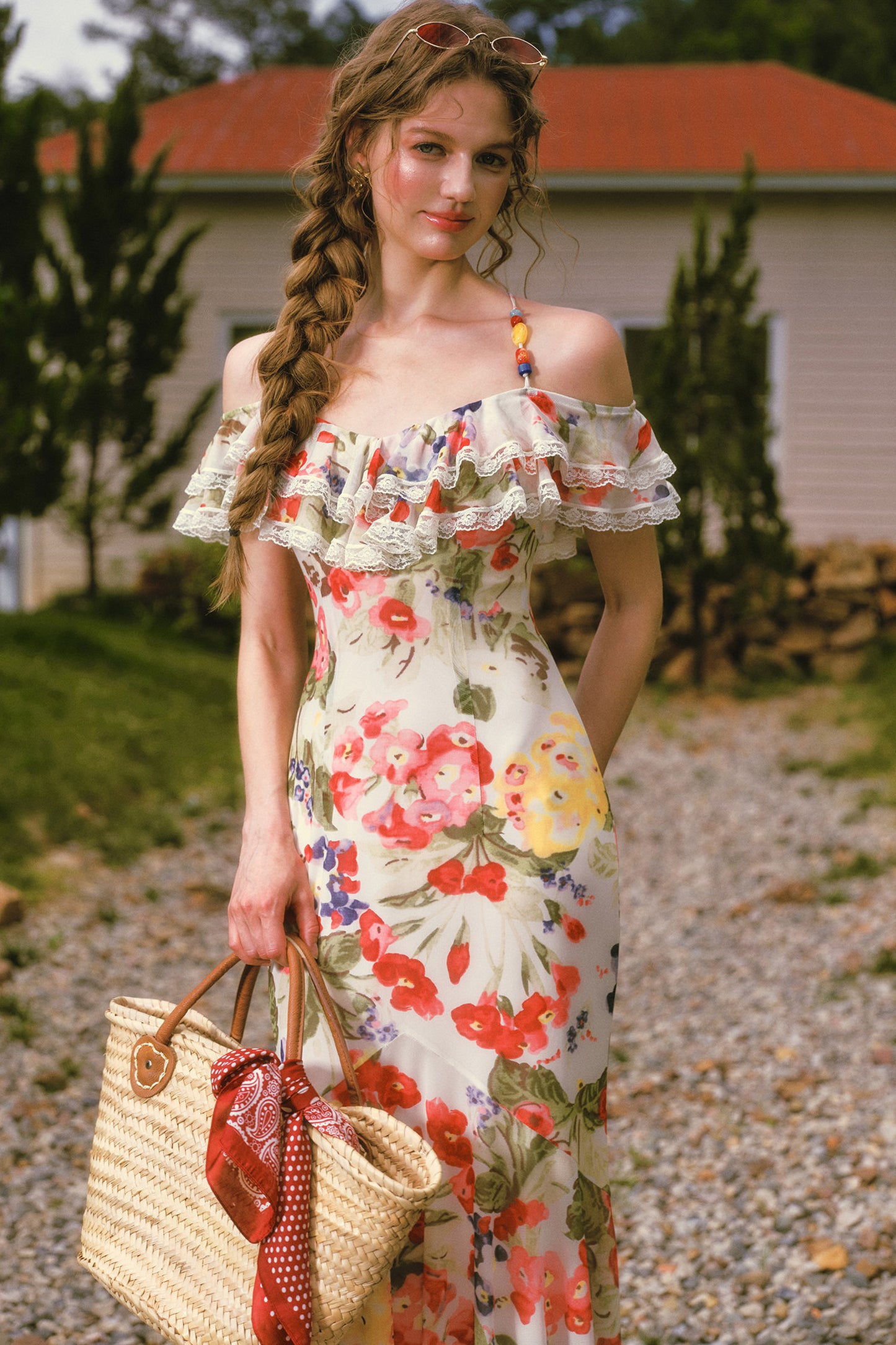 Floral Ruffled Elastic Mesh Long Dress