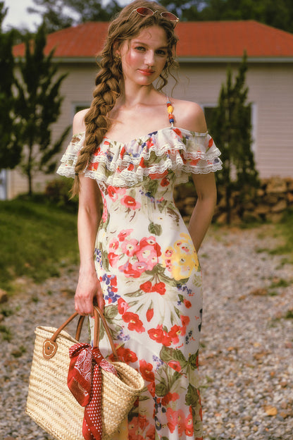 Floral Ruffled Elastic Mesh Long Dress