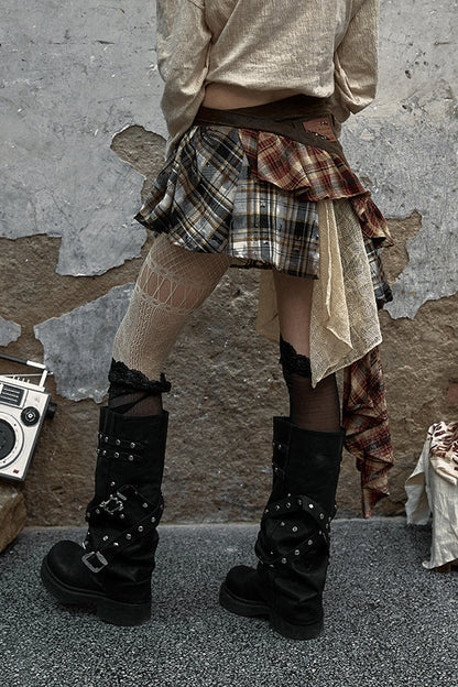 Patchwork Plaid Asymmetrical Skirt
