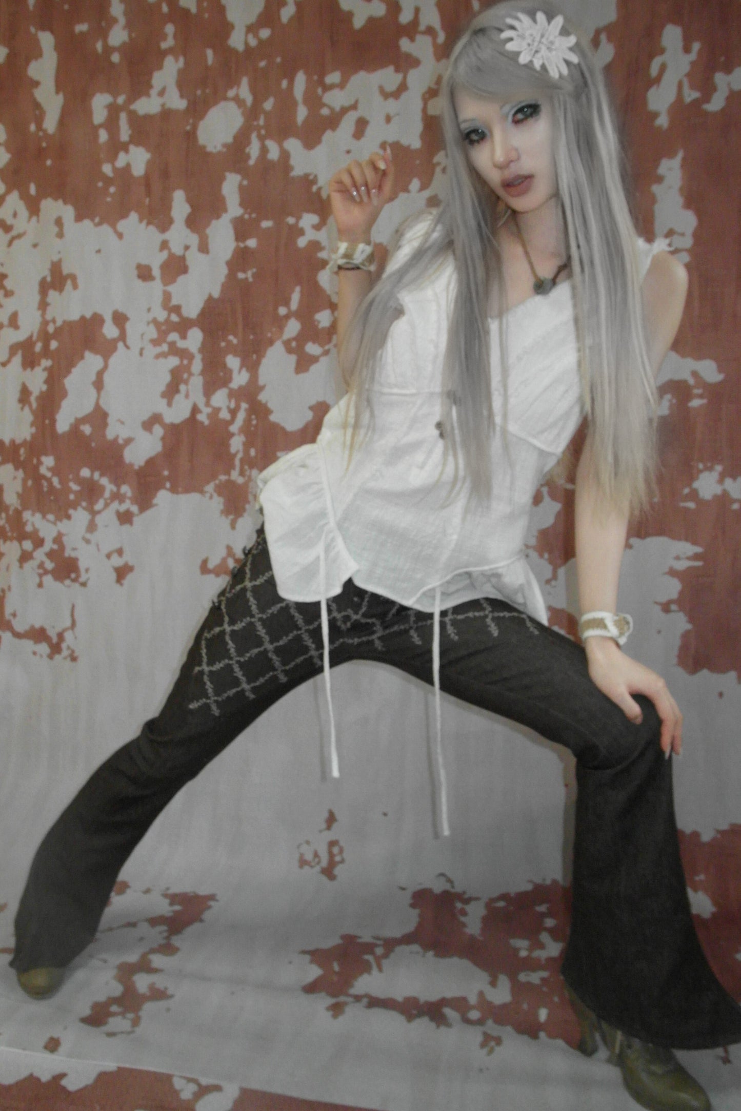 Pantalon évasé en denim patchwork médiéval