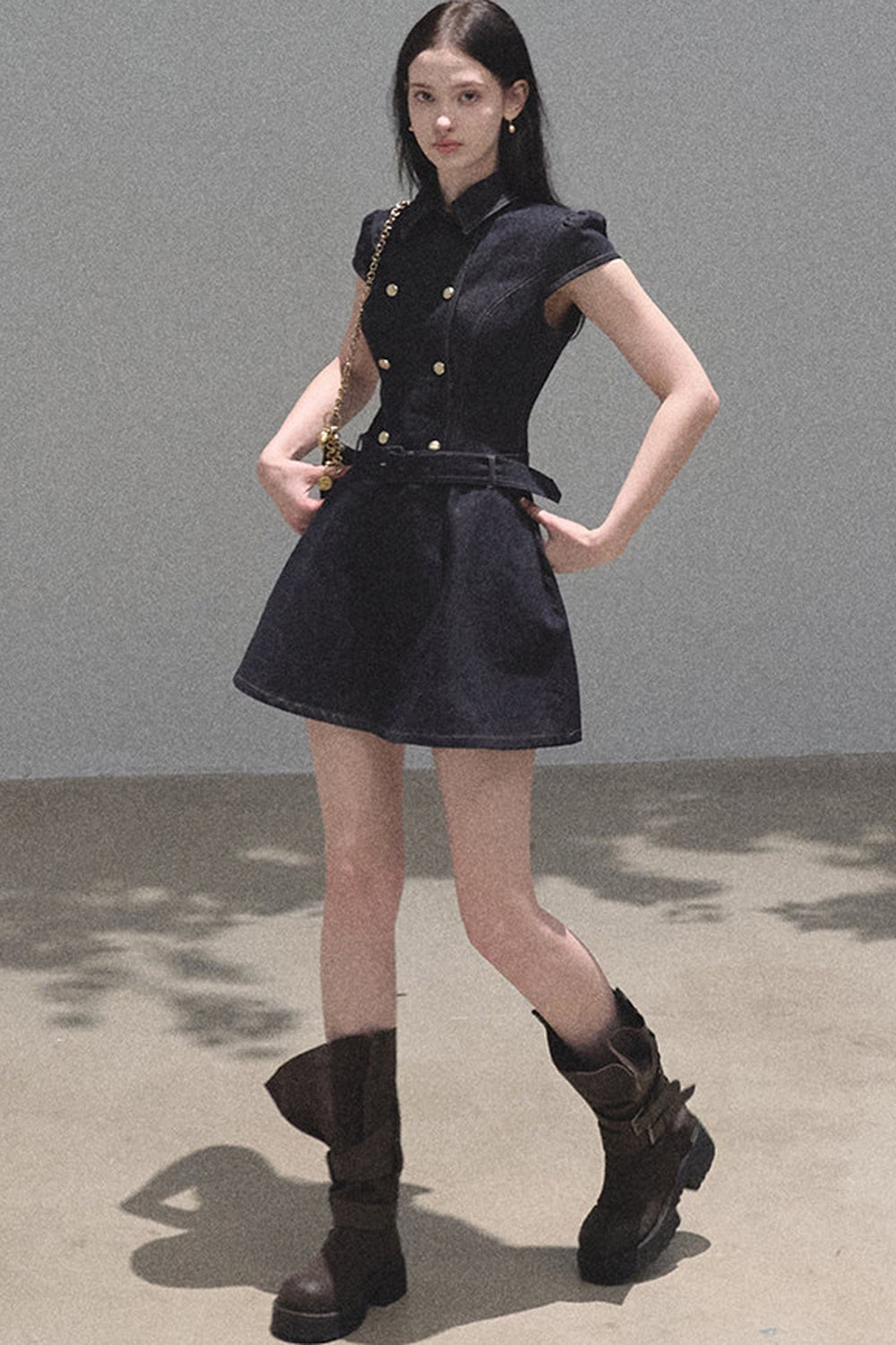 Retro Denim Waist-Cinching Dress Set-Up